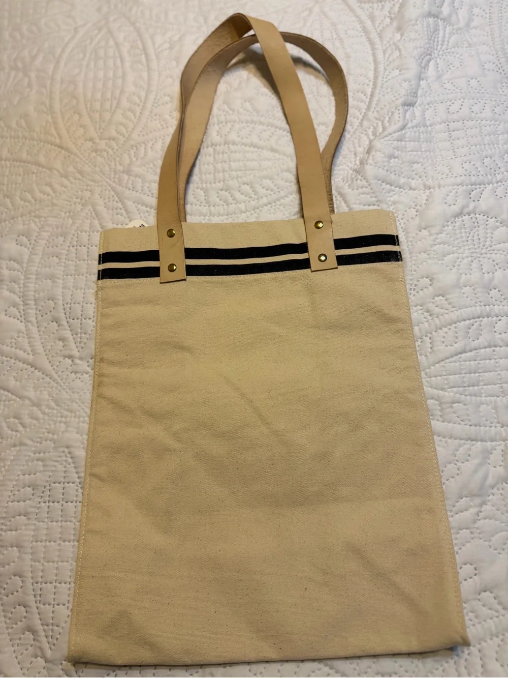 Citizen Natural Canvas Tote with Black Stripe and Tan Straps NWT